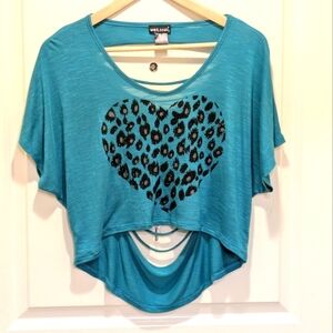 3/$30 EUC Y2K Wet Seal S Shredded Turquoise Tee with Leopard Print Heart
